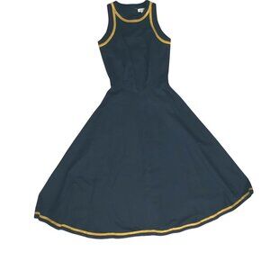 Marie St. Claire Women Vintage Navy Blue and Gold Trim Linen Fit & Flare Dress 6